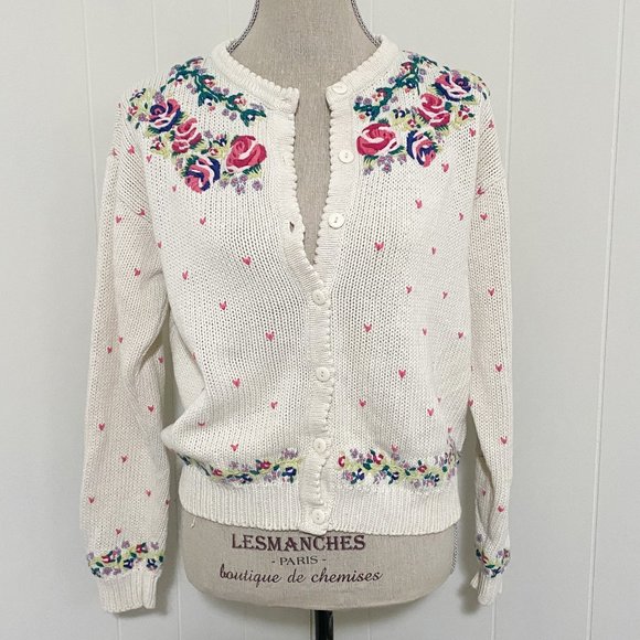 Vintage 80s/90s Cape Isle Knitters Floral Hand Embroidered Cardigan Size XS - Picture 1 of 10